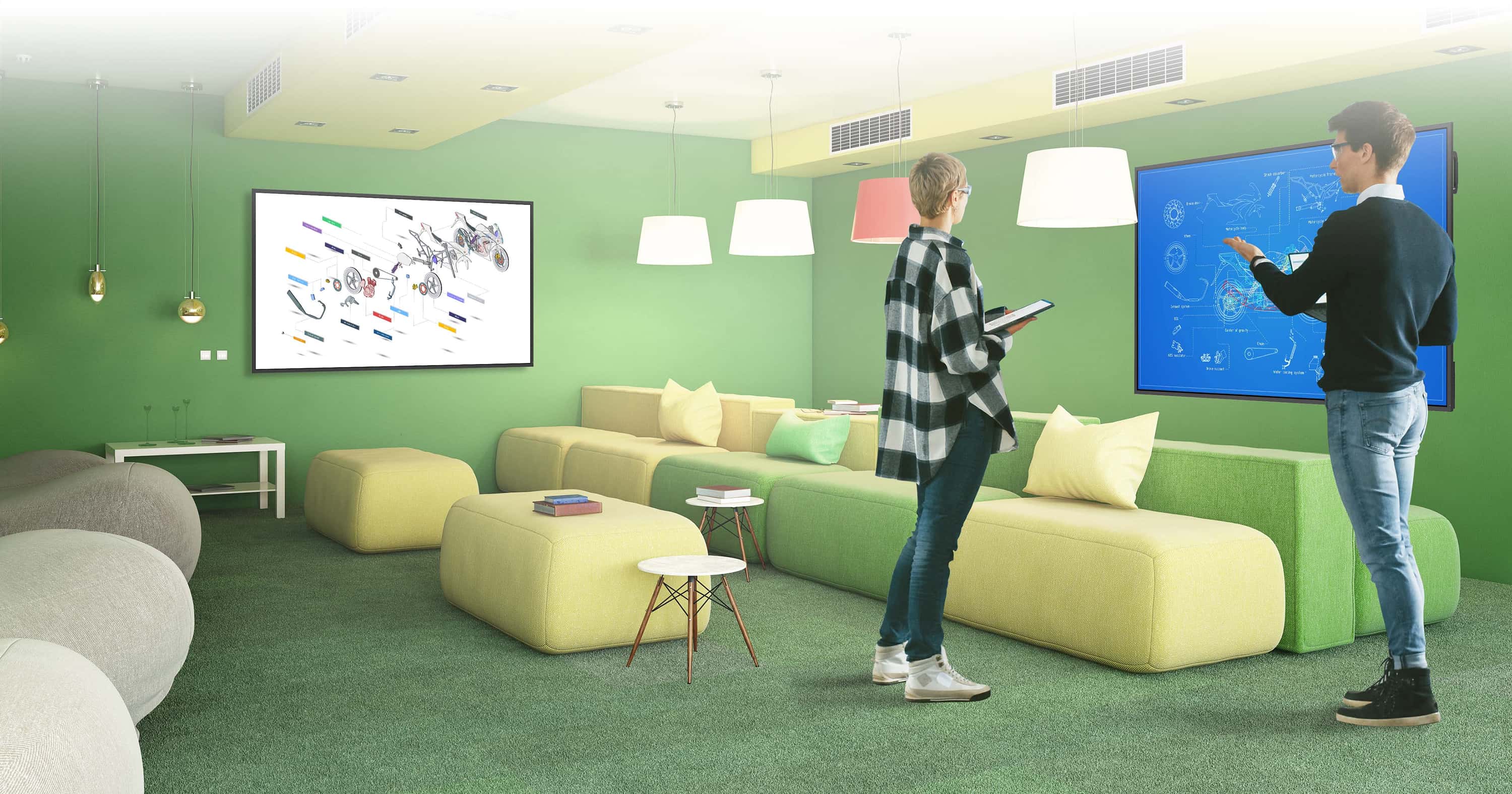 Bir erkek ve kadın, pelüş koltuklar ve parlak renkli duvarlarla çevrili çok modern, "rahat" bir toplantı odası ortamında ayakta duruyor. Önlerindeki duvarda ve soldaki duvarda, üzerinde tartıştıkları bir motosikletin tasarım ressamı diyagramlarını gösteren birer Optoma N-Serisi ekranı vardır.
