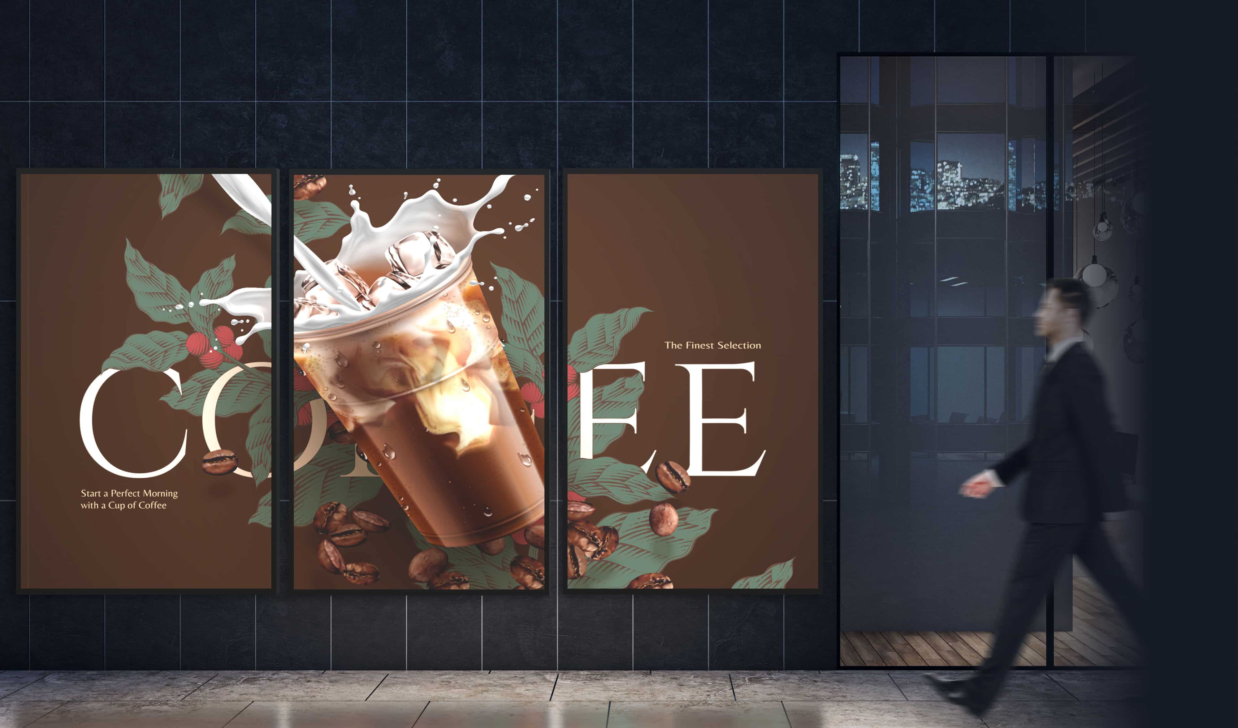 Bir iş adamı, üç ekranda bir kahve içeceği için tek bir reklam görüntüleyen üç N-Serisi ekrandan oluşan bazı dijital tabelaların yanından geçiyor.